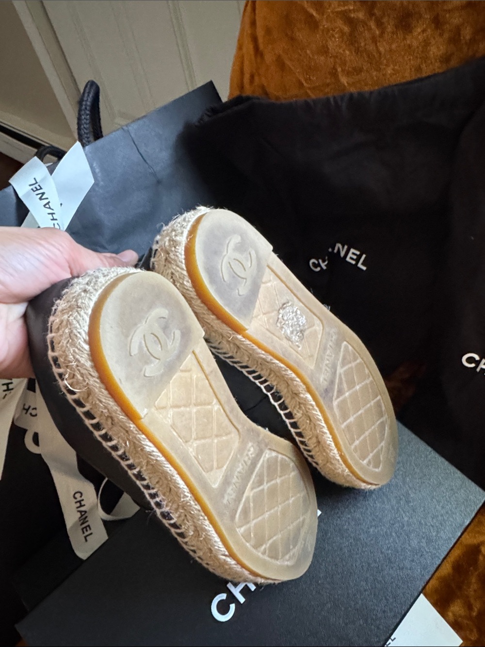 CHANEL Black Leather Espadrille Flats with Logo - Picture 3 of 8